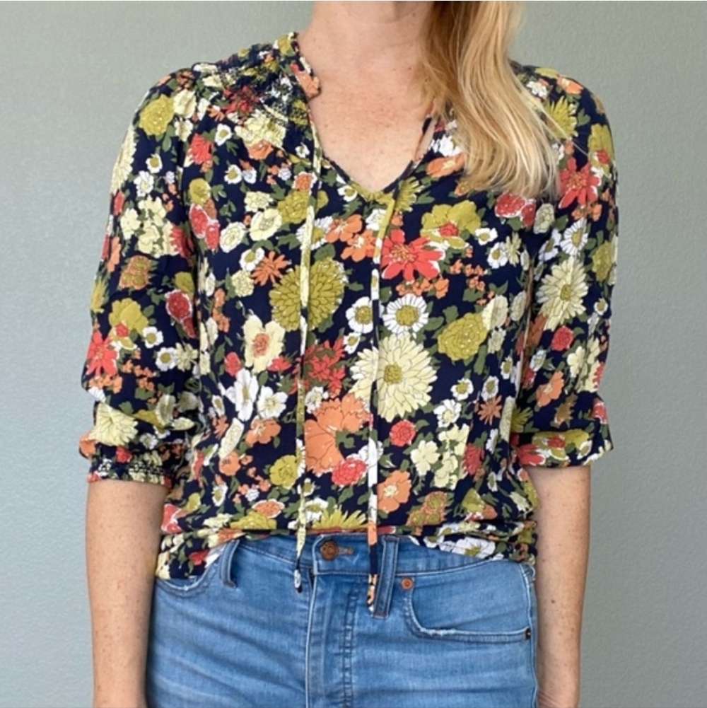 Odille Anthropologie Floral Blouse Peasant Top Tie-Neck Shirt Casual Boho Work 8